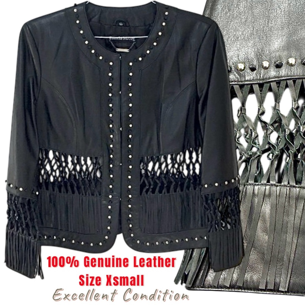 New 100% Genuine Leather spring Jacket fringed crocheted black small open xsmall